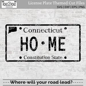 Könnte beinhalten: Schwarzweißes Bild eines Nummernschilds aus Connecticut mit dem Text "HOME" und "Constitution State".