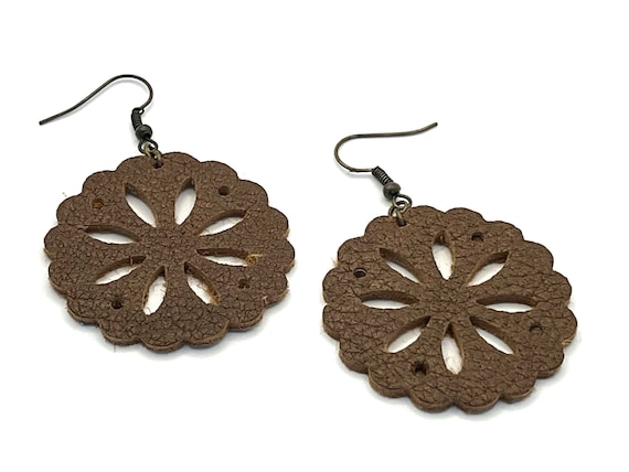 Western Style Leather Medallion Earrings in Brown