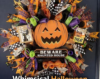 Whimsical Halloween Front Door Wreath: Pumpkin Decor for Festive Celebrations