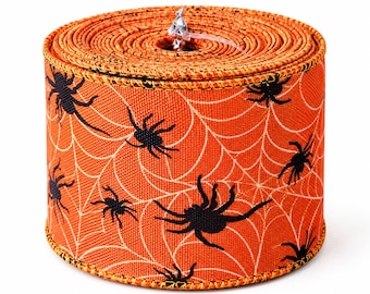 Halloween Spider Ribbon 2.5 Inch x 5 Yards, Orange Black Wired Ribbon, Spider Web Ribbon, Wreath Ribbon, Halloween Craft Supplies