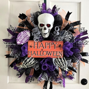 Corona de Halloween con esqueletos espeluznantes: decoración terrorífica para la puerta, guirnalda escalofriante para la decoración de las fiestas de otoño.