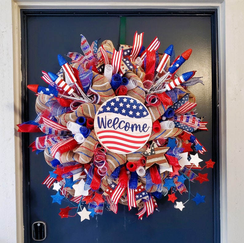 American Flag Wreath, Patriotic Door Decor, 4th of July Wreath, Red ...