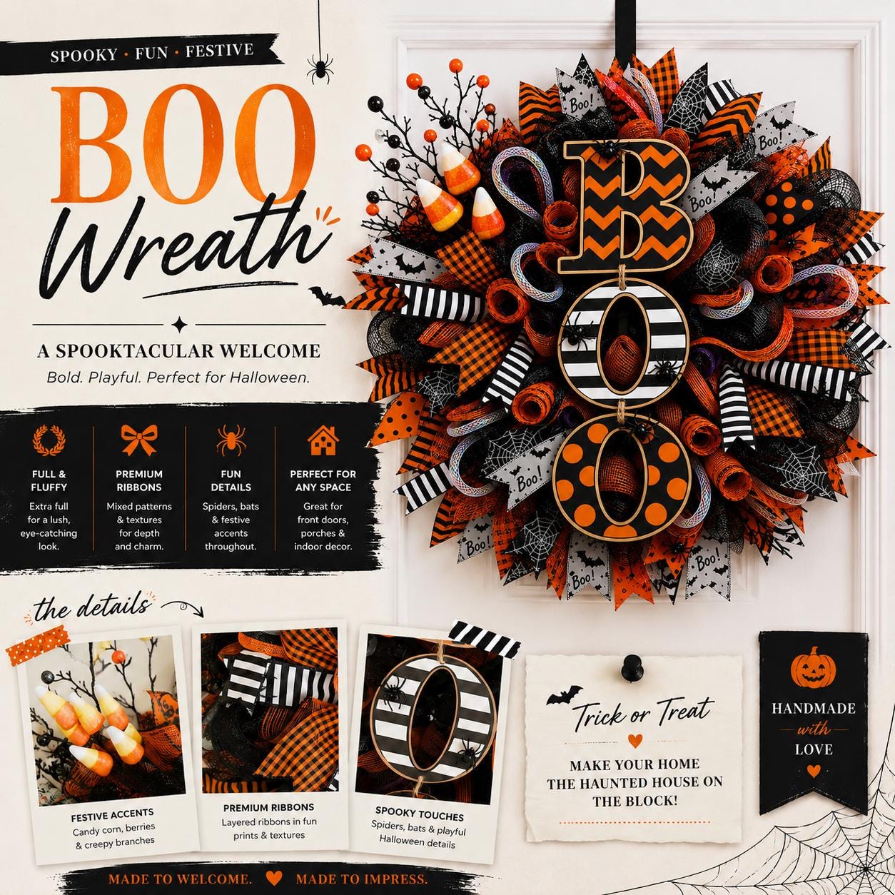Halloween BOO Wreath for Front Door, Black Orange Deco Mesh Wreath