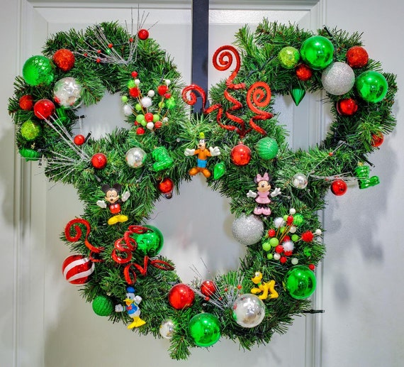 Disney Christmas Wreath, Front Door Decor, Holiday Christmas Wreaths, Mickey Mouse Decorations, Christmas Decorations. Birthday Gifts