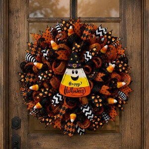May include: A Halloween wreath with a candy corn design. The wreath features orange, black, and white ribbons, candy corn accents, and a candy corn character with a witch hat that says "Happy Halloween".