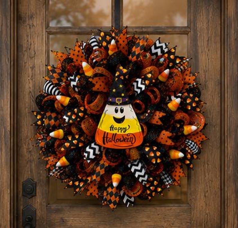 May include: A Halloween wreath with a candy corn design. The wreath features orange, black, and white ribbons, candy corn accents, and a candy corn character with a witch hat that says "Happy Halloween".