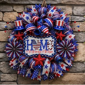 Patriotic Deco Mesh Wreath, 4th of July Front Door Wreath, Red White Blue Home Wreath, Memorial Day Decor, Veteran Decor, USA