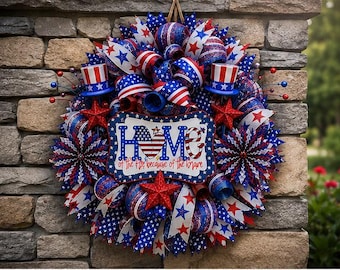 Patriotic 4th of July Wreath for Front Door, Red White Blue Deco Mesh Wreath, Americana Summer Door Decor, Independence Day Home Wreath