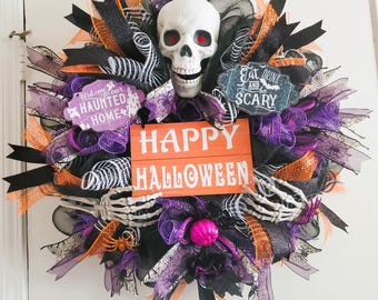 Ghirlanda di Halloween con scheletro spettrale: decorazione spaventosa per la porta, gadget inquietanti per le decorazioni autunnali