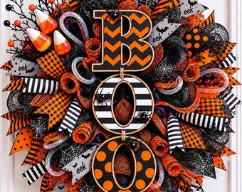 Halloween BOO Wreath for Front Door, Black Orange Deco Mesh Wreath, Spooky Halloween Door Decor, Candy Corn Wreath, Fall Porch Decoration
