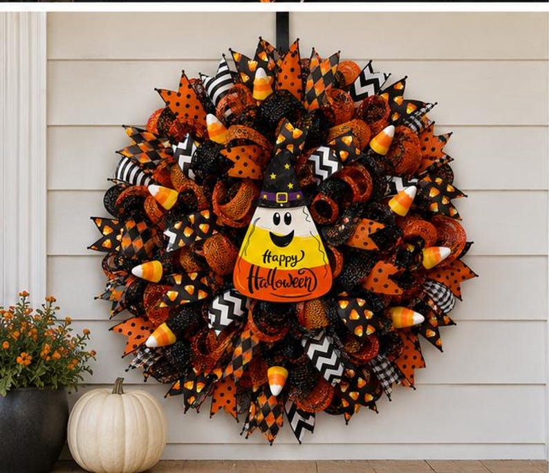 May include: A Halloween wreath with orange, black, and white ribbons, candy corn accents, and a candy corn-shaped sign that says "Happy Halloween." The wreath is decorated with a variety of patterns and textures.