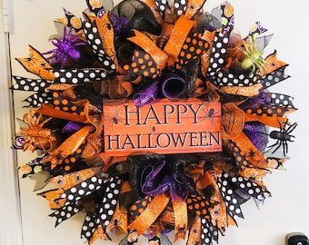 Ghirlanda spettrale per porta d&#39;ingresso di Halloween con zucche e ragni - Decorazioni autunnali per l&#39;ingresso