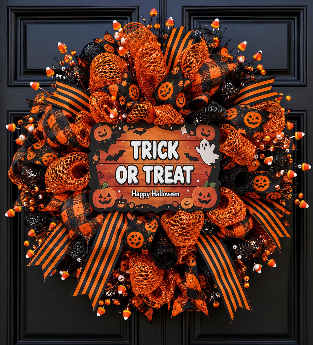 Halloween Trick or Treat Wreath, Orange Black Deco Mesh Wreath