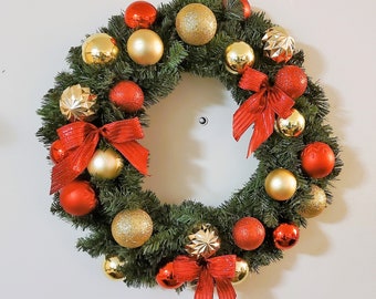 Red and Gold with bows Christmas Wreath, Ornament Wreath for the Front Door, Christmas Wreaths, Traditional Wreaths