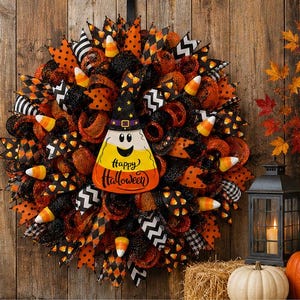 May include: A festive Halloween wreath with orange, black, and white ribbons, adorned with candy corn and a candy corn-shaped sign that says "Happy Halloween." The wreath is set against a wooden background, with a lantern, pumpkins, and hay bales.
