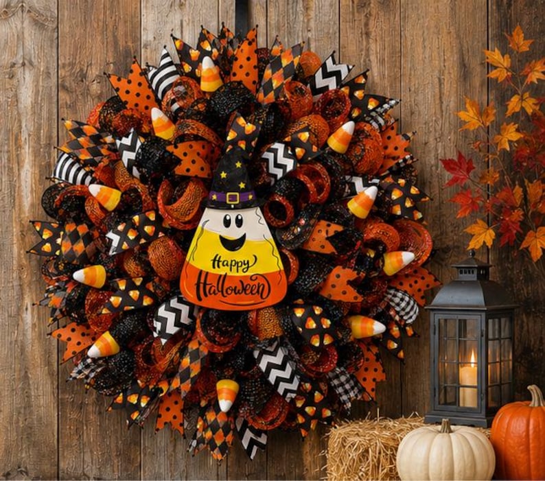 May include: A festive Halloween wreath with orange, black, and white ribbons, adorned with candy corn and a candy corn-shaped sign that says "Happy Halloween." The wreath is set against a wooden background, with a lantern, pumpkins, and hay bales.