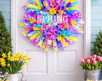 Spring Floral Wreath for Front Door | Easter Egg Wreath | Pastel Spring Door Decor | Colorful Mesh Wreath | Handmade Spring Decor