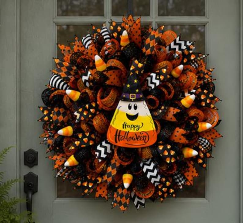 May include: A Halloween wreath with orange, black, and white ribbons and candy corn accents. A candy corn-shaped decoration with a witch hat and the words "Happy Halloween" is in the center. The wreath is hanging on a gray door.