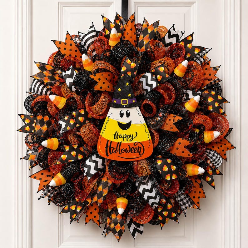May include: A festive Halloween wreath with orange, black, and white ribbons, mesh, and candy corn accents. A candy corn-shaped sign in the center reads "Happy Halloween". The wreath is decorated with a witch hat and various patterns.