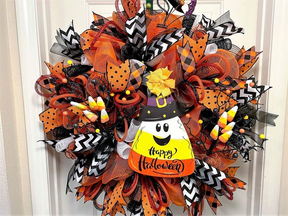 Spooky Candy Corn Halloween Wreath | Festive Trick-or-Treat Door Decor in Autumn Colors