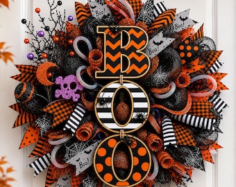 May include: A Halloween wreath featuring black, orange, and white mesh ribbons with patterns of stripes, chevron, polka dots, and spiderwebs. A central wooden sign spells BOO in stacked letters with matching patterns, accented by a purple skull.