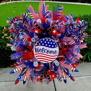 Patriotic Summer Wreath: 4th of July, Labor Day, Veterans Day Front Door Decor with Red, White & Blue