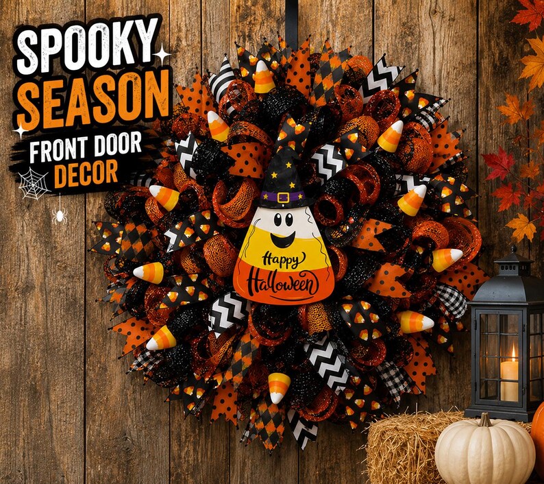 May include: A Halloween wreath with orange, black, and white ribbons, candy corn accents, and a candy corn-shaped sign that says "Happy Halloween." The wreath is decorated with a witch hat and the words "Spooky Season Front Door Decor."