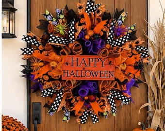 Halloween Wreath for Front Door, Happy Halloween Deco Mesh Wreath, Orange Black Purple Halloween Decor, Spooky Spider Pumpkin Door Hanger