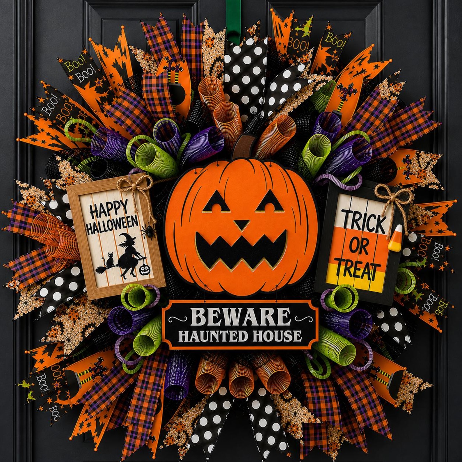 Halloween Pumpkin Wreath for Front Door, Whimsical Halloween Decor, Jack O Lantern Wreath, Trick or Treat Wreath, Handmade Fall Door Decor