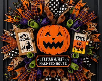 Halloween Pumpkin Wreath for Front Door, Whimsical Halloween Decor, Jack O Lantern Wreath, Trick or Treat Wreath, Handmade Fall Door Decor