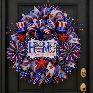 Patriotic 4th of July Wreath for Front Door, Red White Blue Deco Mesh Wreath, Americana Summer Door Decor, Independence Day Home Wreath