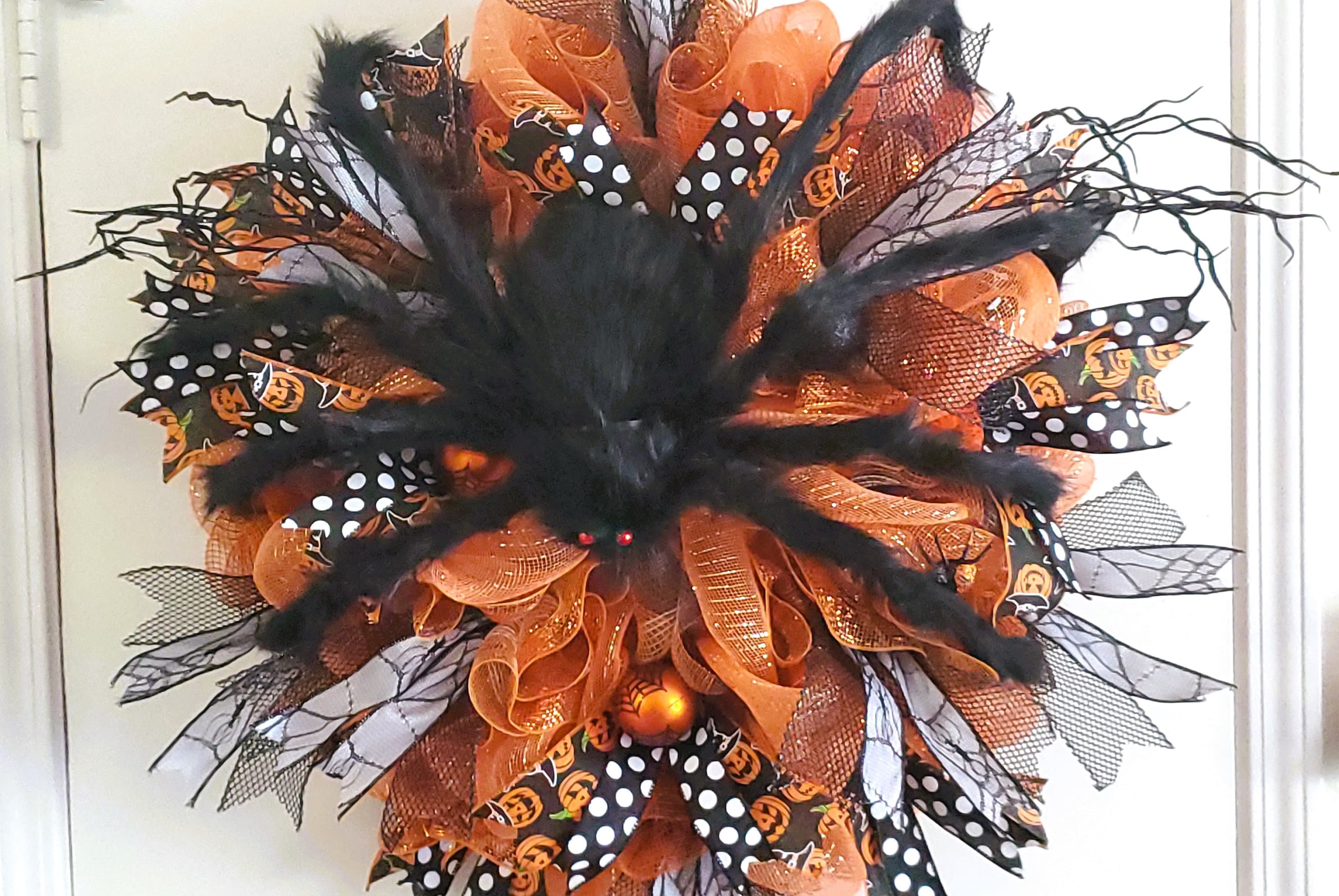 Halloween Türkranz Mit Spinnen - Herbstdeko Mit Mesh Und Bändern