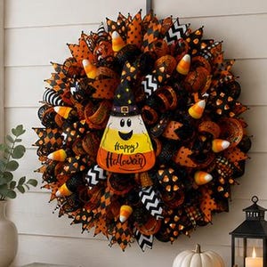 May include: A Halloween wreath with orange, black, and white ribbons, adorned with candy corn and a candy corn-shaped sign that says "Happy Halloween". The wreath is decorated with a witch's hat.