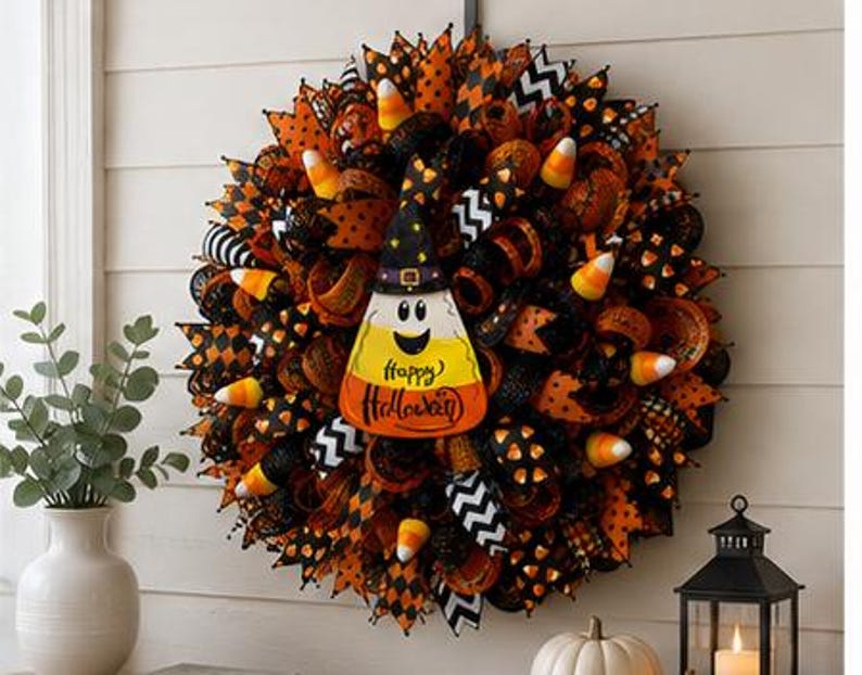 May include: A Halloween wreath with orange, black, and white ribbons, adorned with candy corn and a candy corn-shaped sign that says "Happy Halloween". The wreath is decorated with a witch's hat.