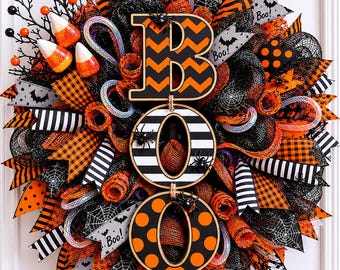 Halloween BOO Wreath for Front Door, Black Orange Deco Mesh Wreath, Spooky Halloween Door Decor, Candy Corn Wreath, Fall Porch Decoration