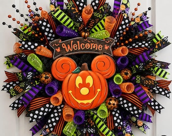 Disney-inspirerad Halloween-pumpakrans, Halloween-krans till ytterdörren, Musse Pigg-pumpadekor, Läskig välkomstkrans, Höstdörrdekor