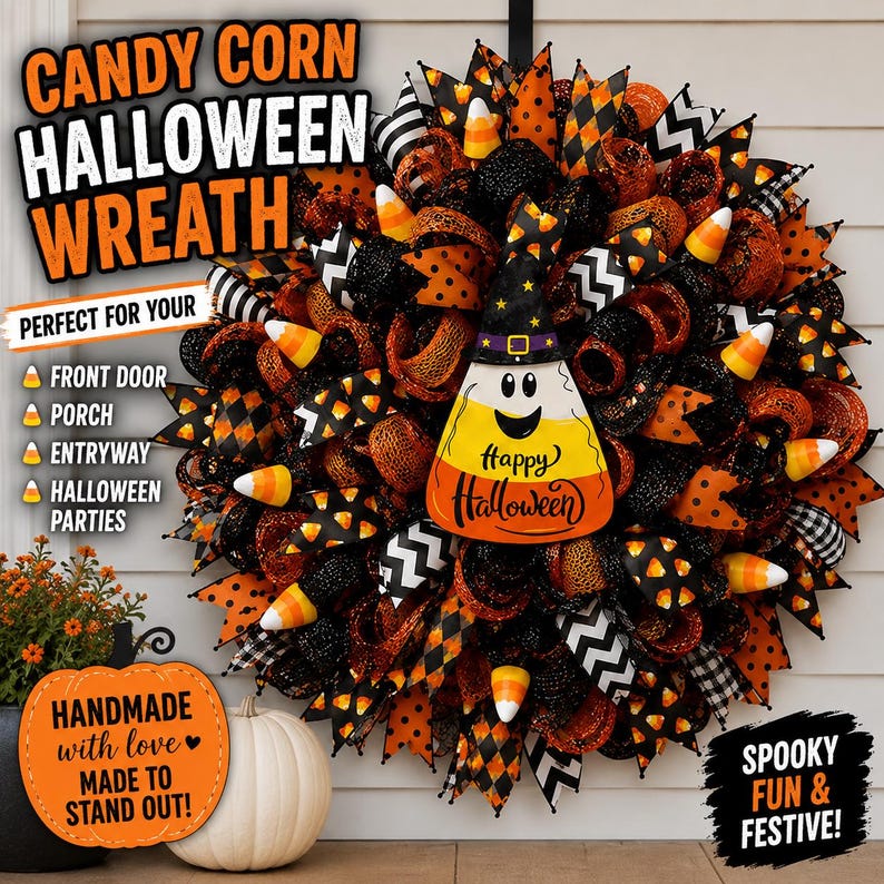 May include: A Halloween wreath with candy corn and festive ribbons in orange, black, and white. The wreath features a candy corn-shaped decoration with a witch hat and the words "Happy Halloween". The text "Candy Corn Halloween Wreath" is at the top.