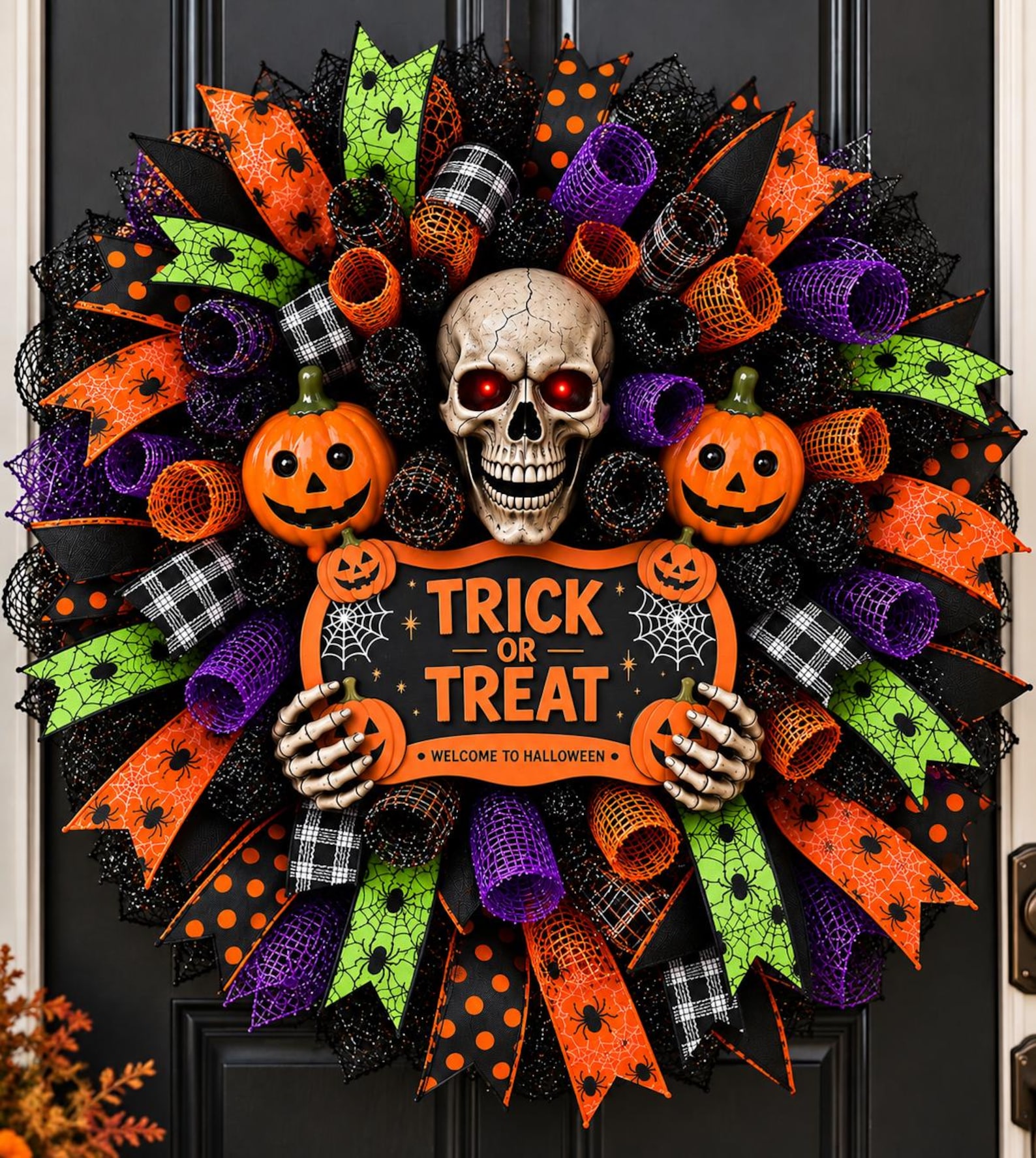 Halloween Wreath for Front Door, Trick or Treat Wreath, Skull Halloween Decor, Spooky Halloween Door Wreath, Handmade Fall Decor