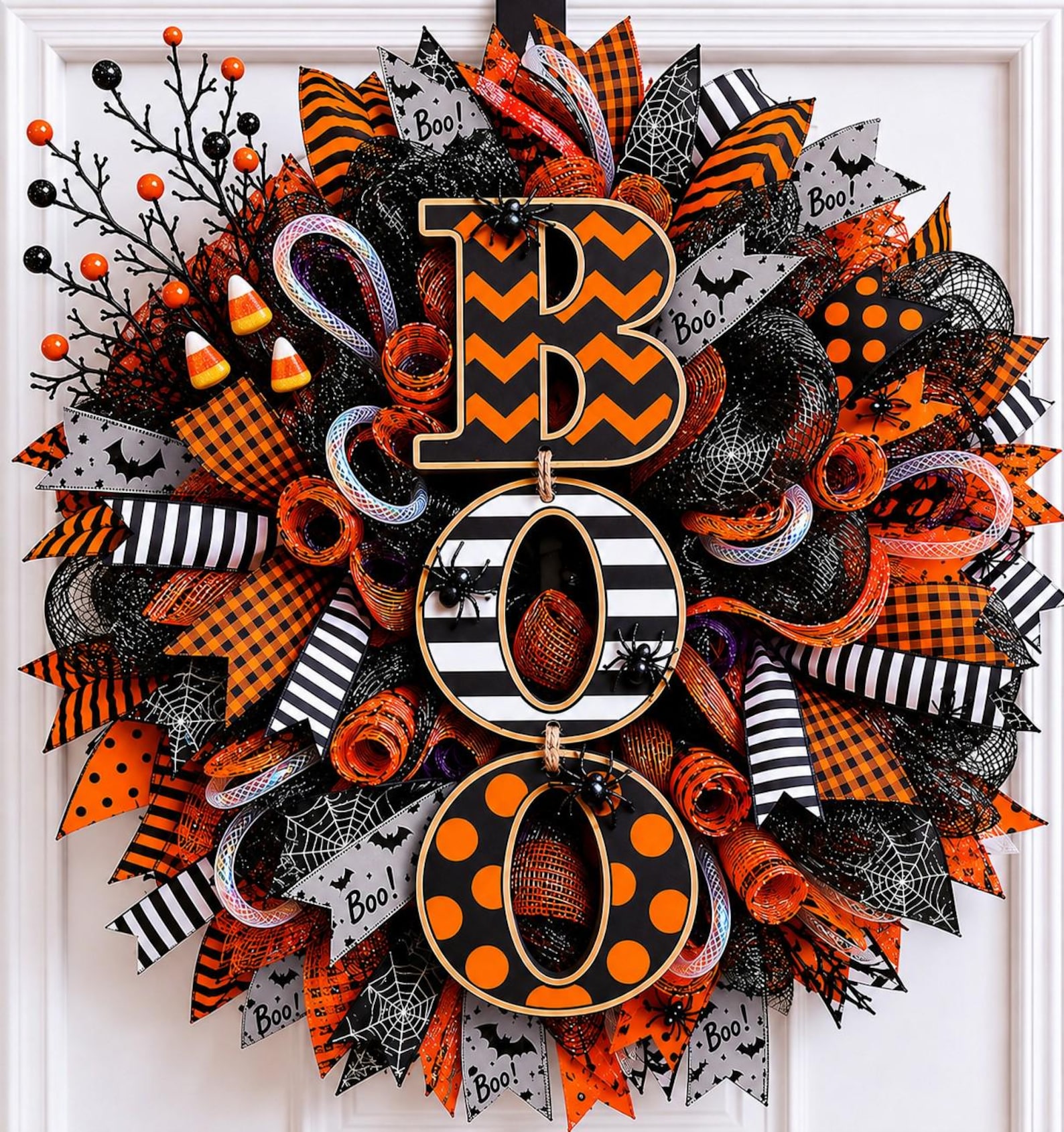 Halloween BOO Wreath for Front Door, Black Orange Deco Mesh Wreath, Spooky Halloween Door Decor, Candy Corn Wreath, Fall Porch Decoration