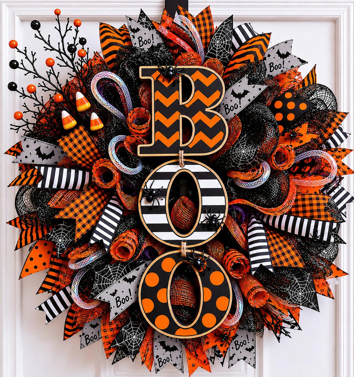 Halloween BOO Wreath for Front Door, Black Orange Deco Mesh Wreath
