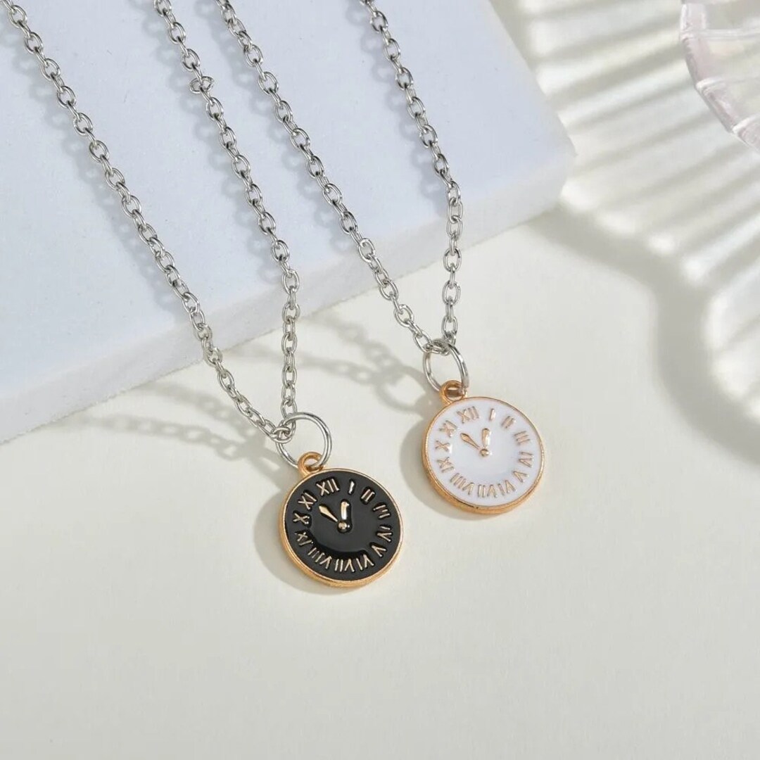 Gold Clock Necklace 2 Piece, Black & White, Matching Necklace for Couples, Friendship Necklace