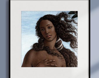 Arte mural de mujeres negras, Venus reinventada, arte alterado de Botticelli, póster de la diosa melanina, decoración afrocéntrica, arte de la reina negra, arte del amor propio