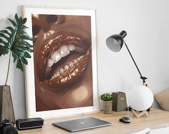 Glamorous Grillz Poster • Black Woman Art, Gold & Diamond Grillz Wall Art, African-American Wall Art, Urban Wall Art, Melanin Wall Decor