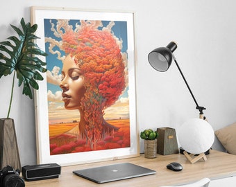 Póster mate "El elegante horizonte" de Bloom • Arte impactante de belleza afroamericana, arte mural de mujer negra, paz interior, belleza etérea, cielo sereno