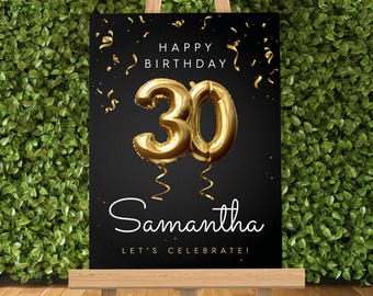 Black & Gold Birthday Party Sign for Easel, Milestone Birthday Party Welcome Sign, Customized Name Birthday Sign, Personalized Party Sign