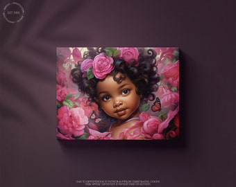 Rosebud Grace Digital Art Printable • Adorable Black Baby Girl, Pink Flowers, Curly Hair, African-American, Butterflies, Ethereal, Dreamy