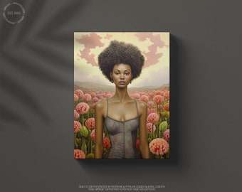 Dusk Floral Elegance Digital Art Printable • Beautiful Black Woman, Natural Hair, Flowers, African-American, Harmony, Ethereal, Dreamy
