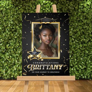 Class of 2025 Custom Graduation Party Welcome Sign w/ Photo, Black Gold High School Graduation Sign, Personalized College Graduation Poster
