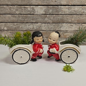 Lefton Girl & Boy Rickshaw Planter set, Vintage 1940's Pixie Planters. Lefton's Exclusive Mold 1723