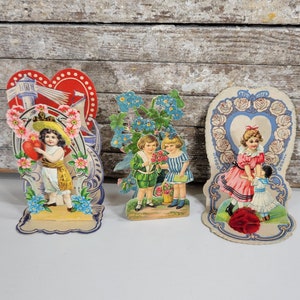 Tres tarjetas de San Valentín antiguas, pequeñas y desplegables, Alemania, década de 1920
